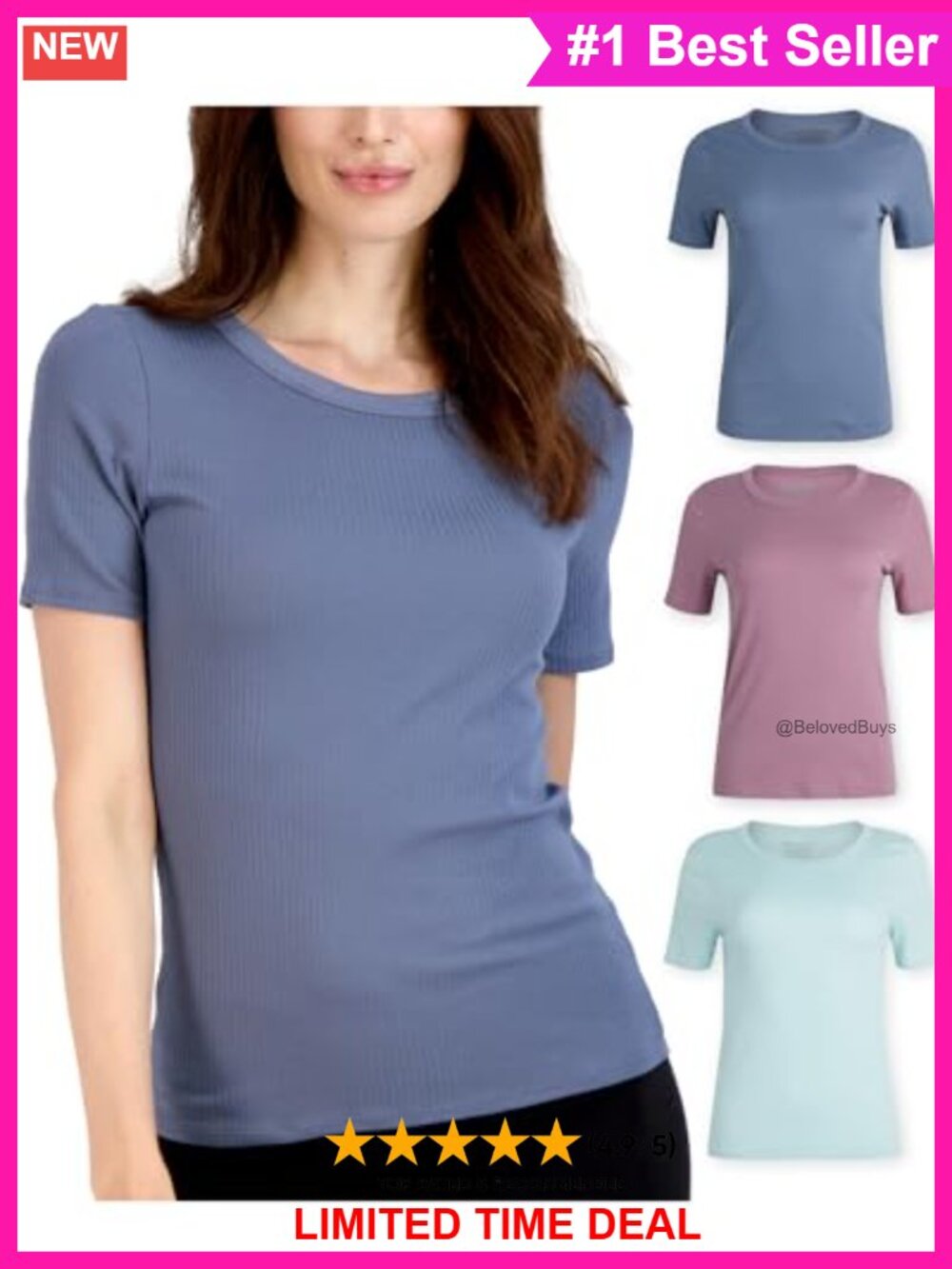 Women's 3 Pack Stretch Cotton Crewneck Ribbed Short Sleeve T-Shirts